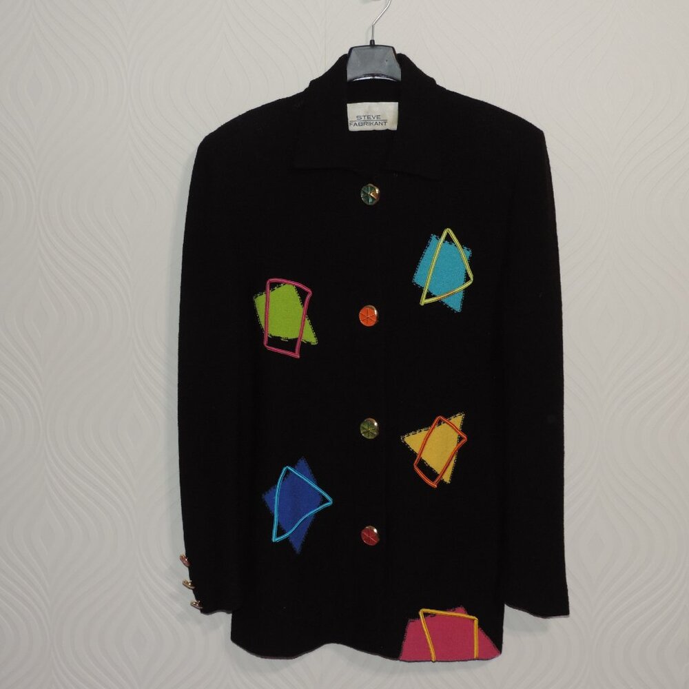 STEVE FABRIKANT Bright Artsy Patchwork Reverse Santana Knit Jacket sz 10 Black